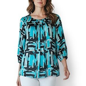 4/$20 Fred David Abstract Print Pleated Neck Blouse Tunic Top Size Small